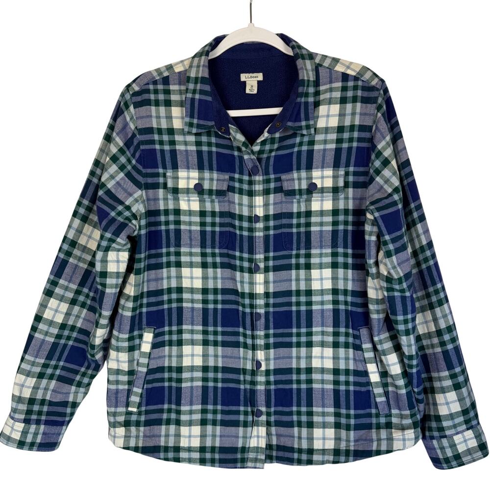 L.L. Bean Fleece Lined Flannel Shirt Jacket Women Size M Blue White Shacket